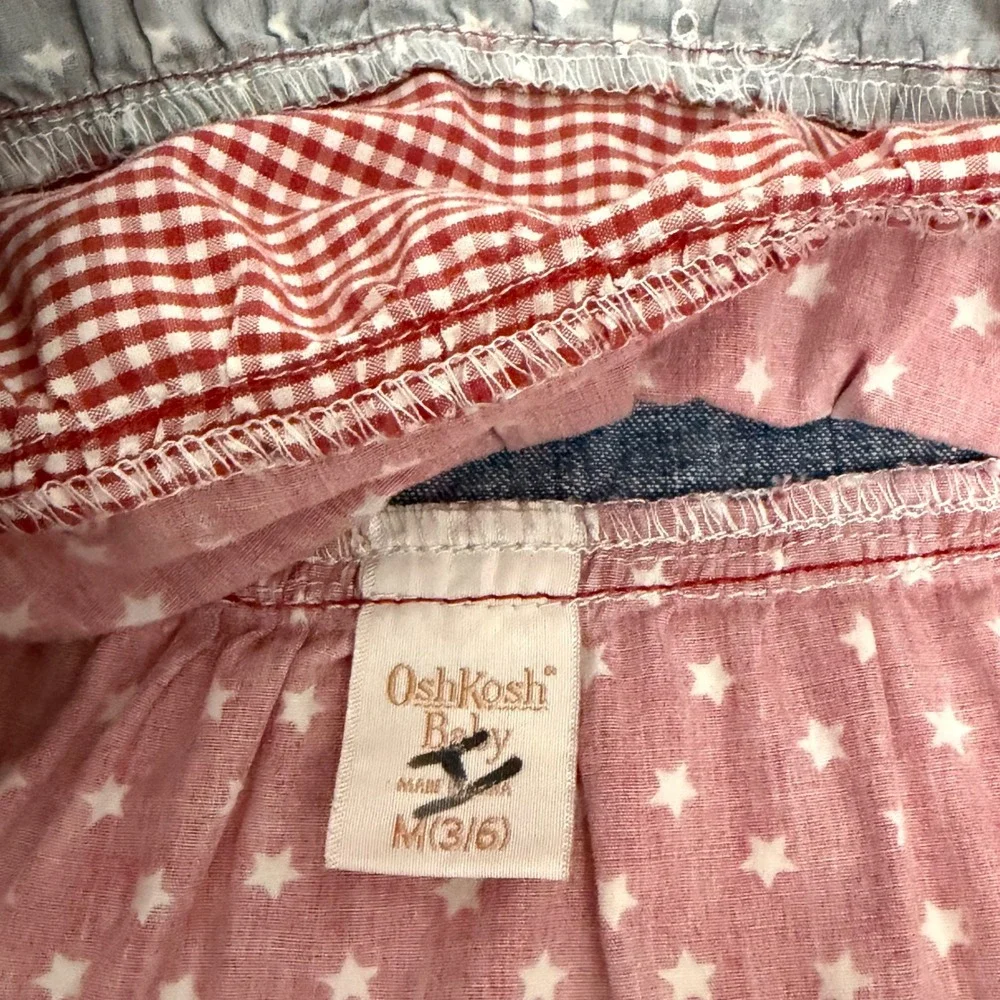 OshKosh Baby Girls Patriotic Denim Tiered Star Gingham Jumper Dress 3-6M Y2K